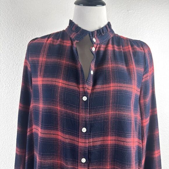 Loft Women's M Button Up Plaid Shirt Dress Blue Red Long Sleeve Modest - Picture 4 of 10